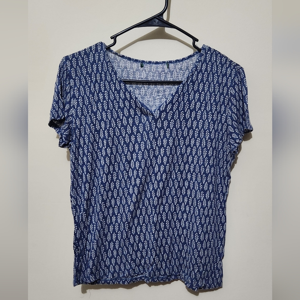 Navy Blue Patterned Short Sleeve Women's Top